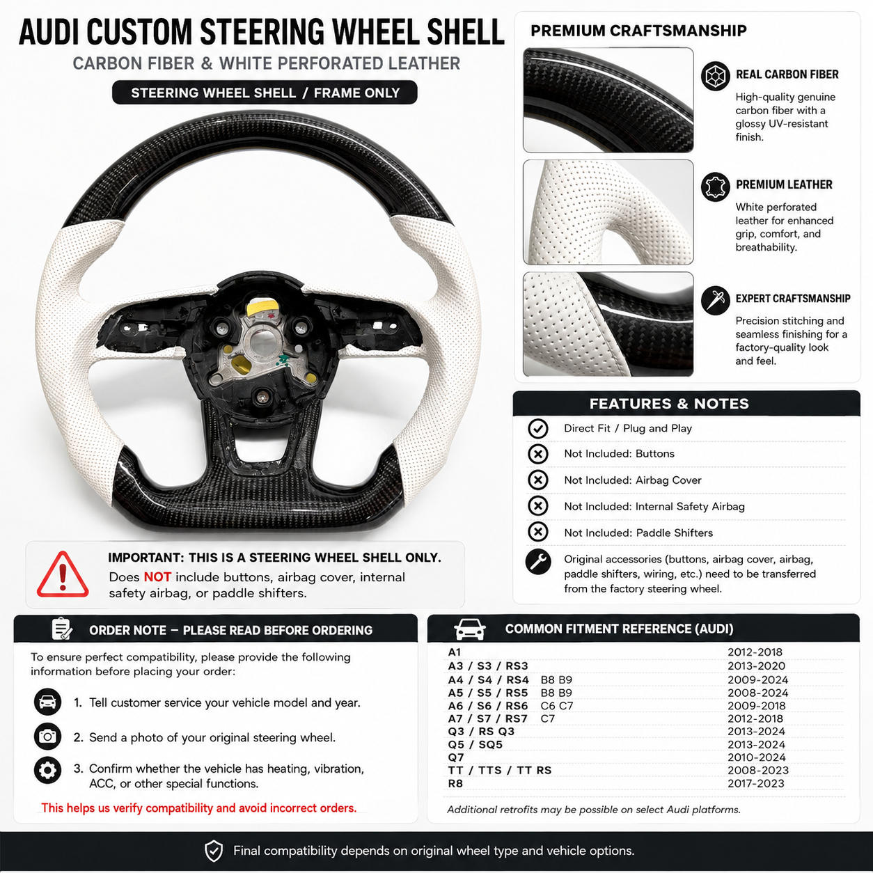 Carbon Fiber Audi Steering Wheel for A1 A3 A4 A5 A6 A7 C6 C7 S3 S4 S5 S7 Q3 Q5 Q7 SQ5 RS RS3 RS5 RS6 B8 B9 8P 8V R8 TT -CJ Mod Garage 12