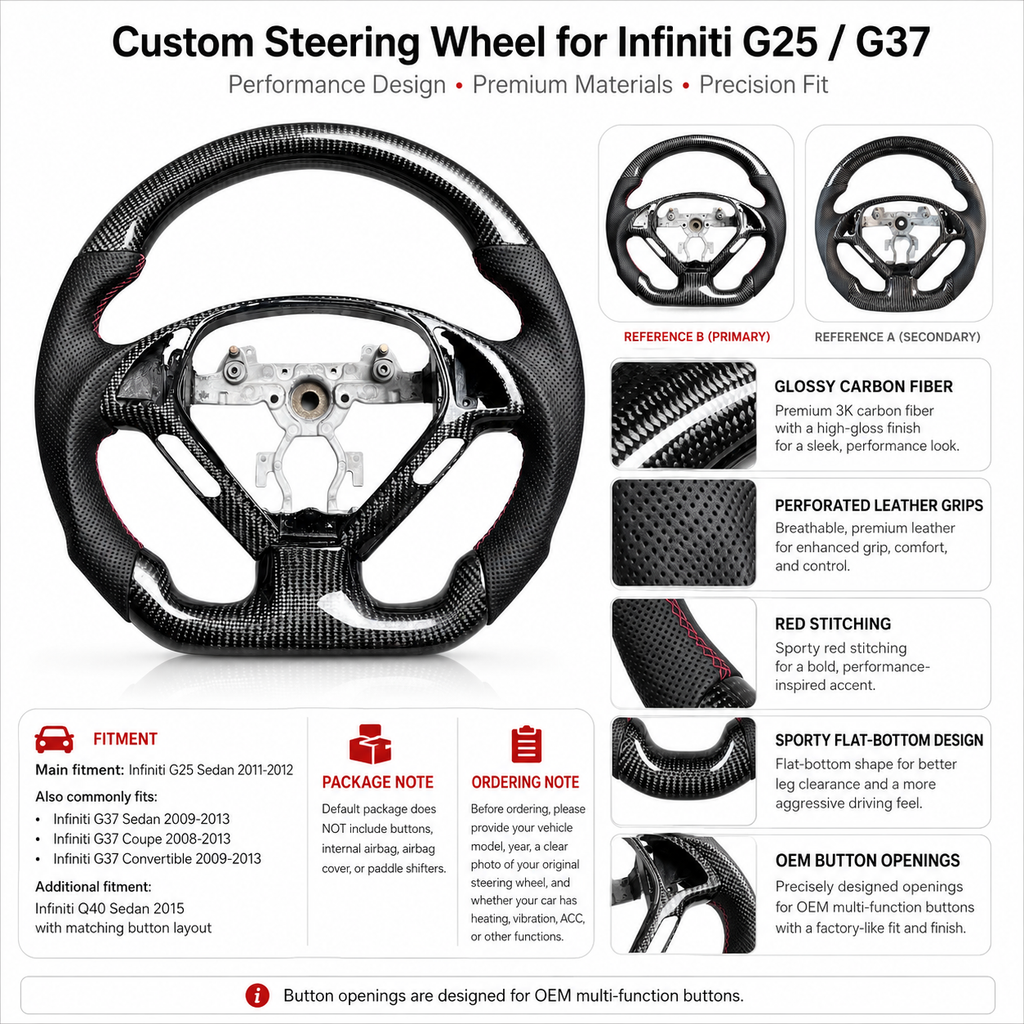 Infiniti G25 G37 flat bottom carbon fiber steering wheel with perforated leather grips red stitching and OEM button fitment by CJ Mod Garage