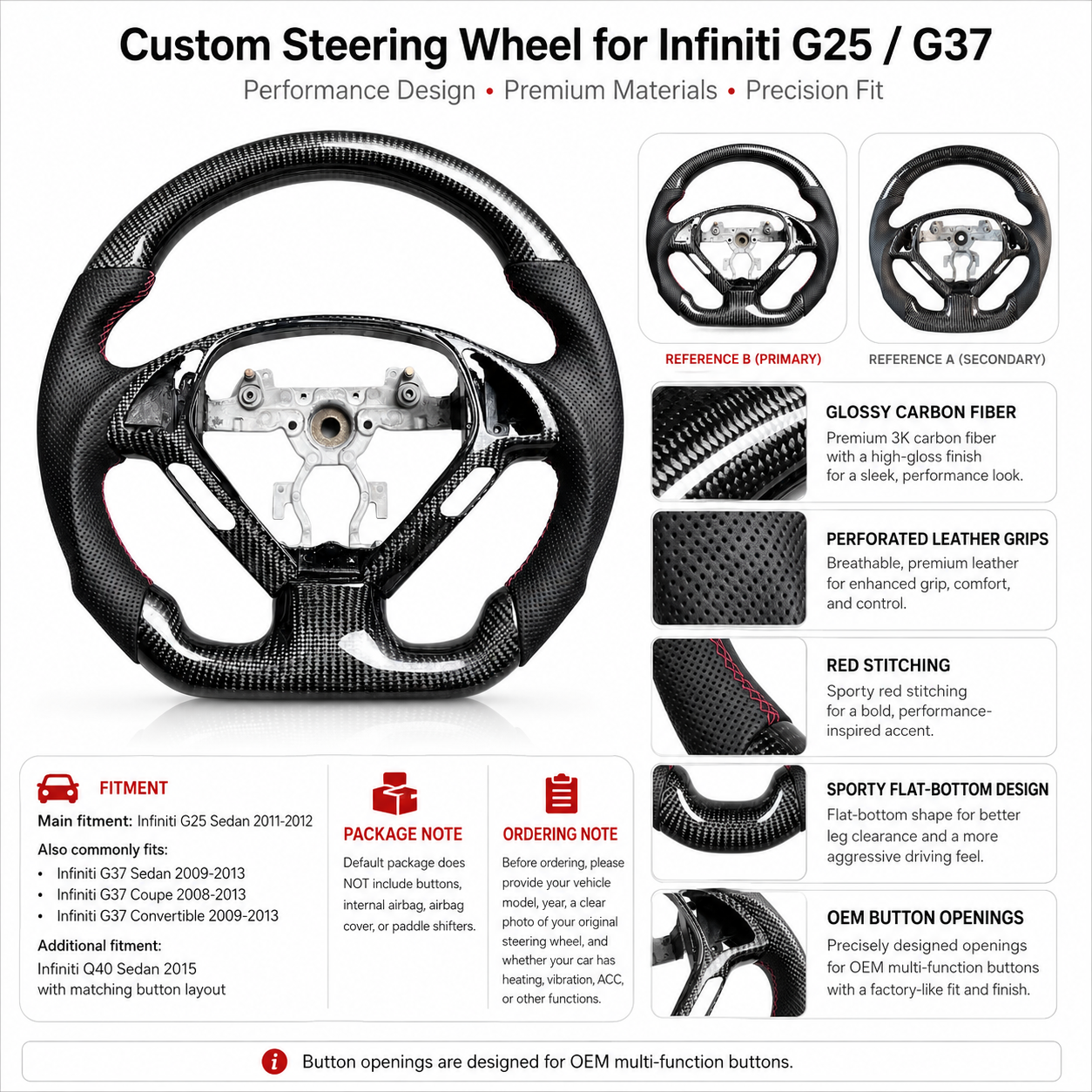 Infiniti G25 G37 flat bottom carbon fiber steering wheel with perforated leather grips red stitching and OEM button fitment by CJ Mod Garage
