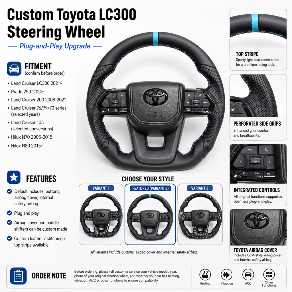 Toyota LC300 premium leather steering wheel upgrade featuring perforated leather material, blue top marker, OEM multifunction controls and plug-and-play fitment by CJ Mod Garage