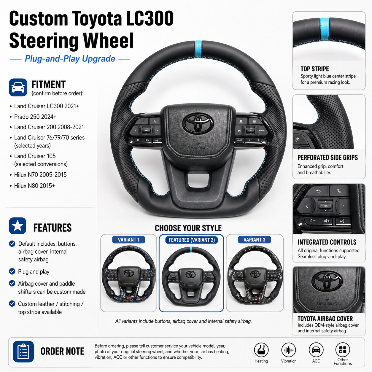 Toyota LC300 premium leather steering wheel upgrade featuring perforated leather material, blue top marker, OEM multifunction controls and plug-and-play fitment by CJ Mod Garage