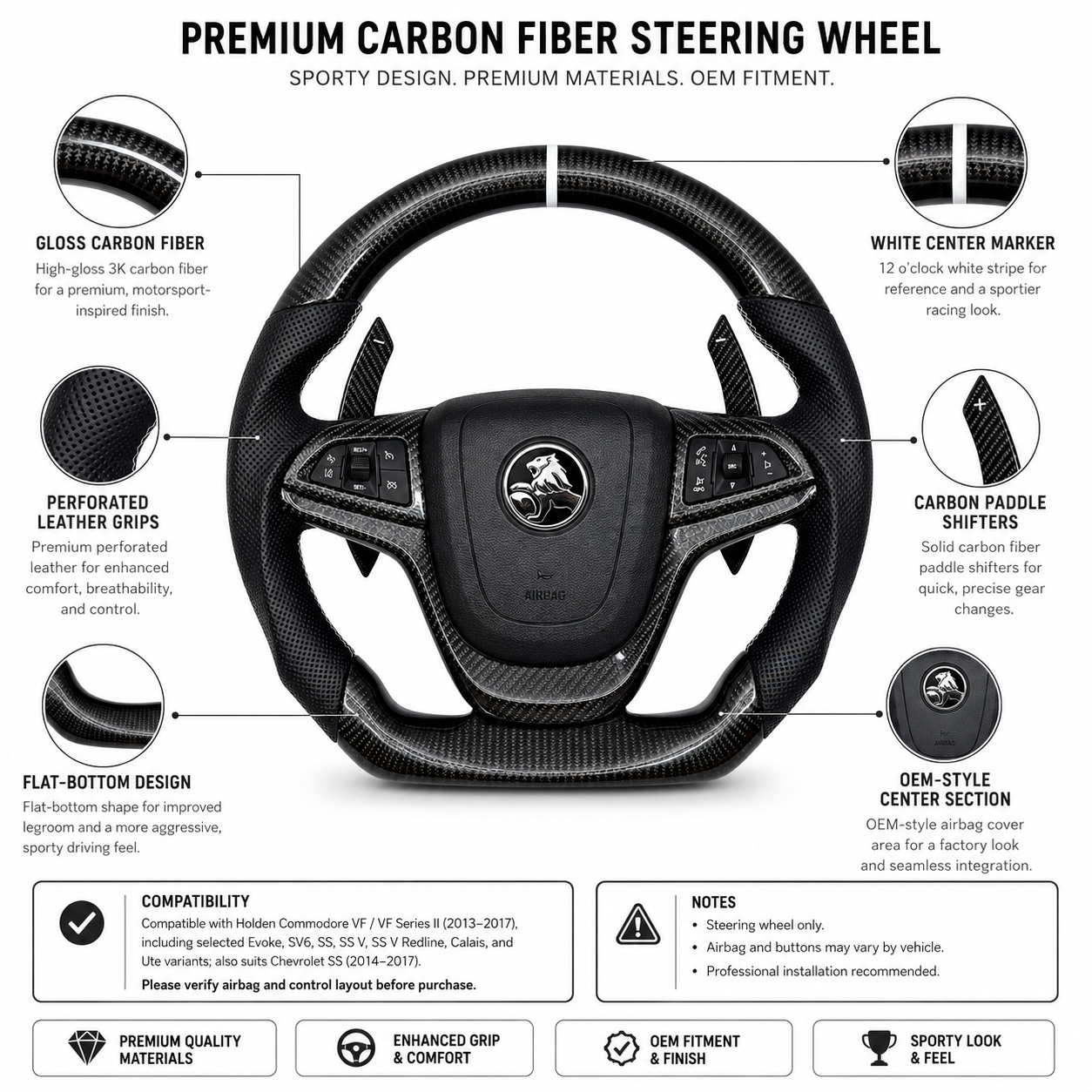 FOR Holden VF HSV CHEVY SS SSV SV6 2013-2017 Carbon Fiber Steering Wheel - CJ Mod Garage 9