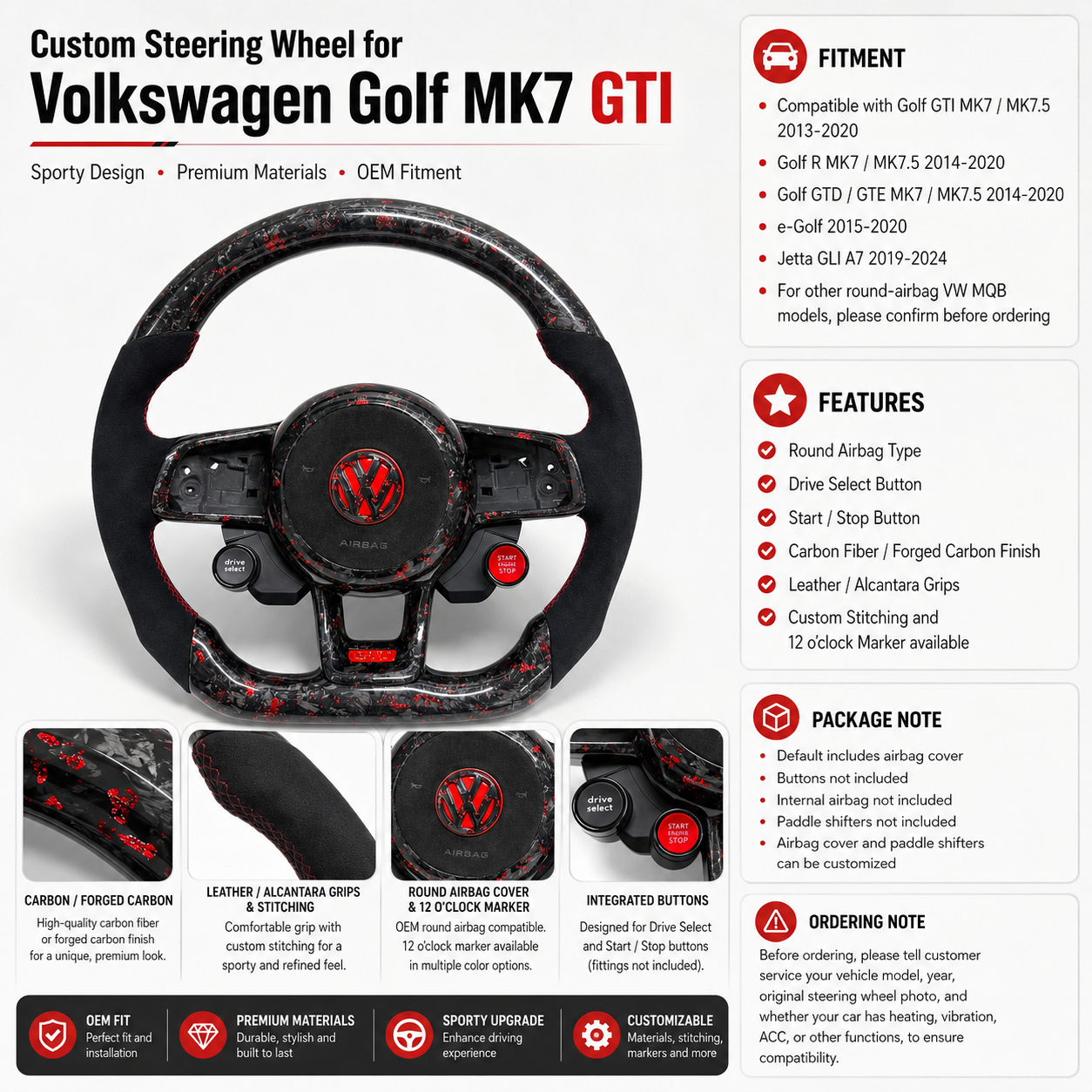 Volkswagen Golf GTI Mk7 2013 to 2020 custom red forged carbon steering wheel fitment chart CJ Mod Garage