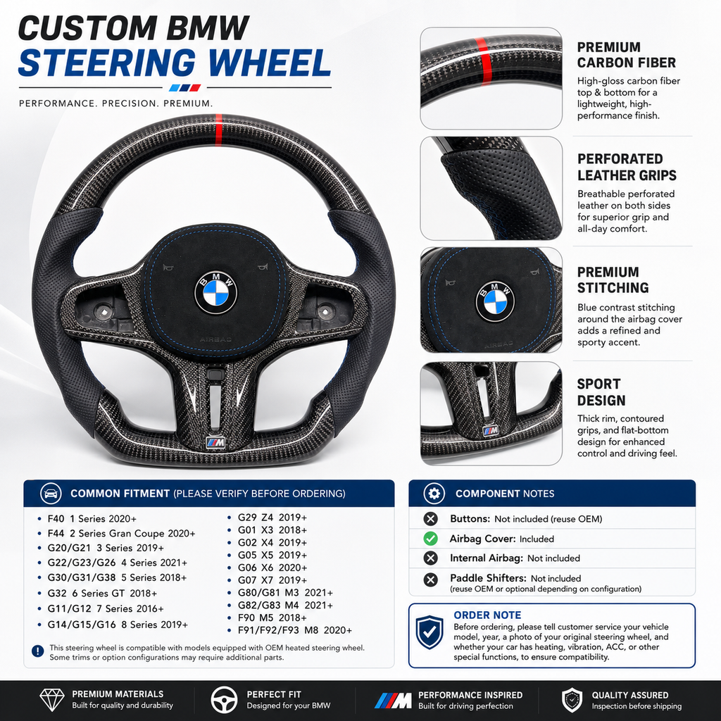 Custom BMW steering wheel in gloss carbon fiber with perforated leather side grips, blue contrast stitching, flat-bottom sport design, and red 12 o’clock center stripe compatible with BMW G02 G05 G06 G09 G11 G12 G15 G20 G22 G28 G29 G30 G38 G80 G82 F40 F90