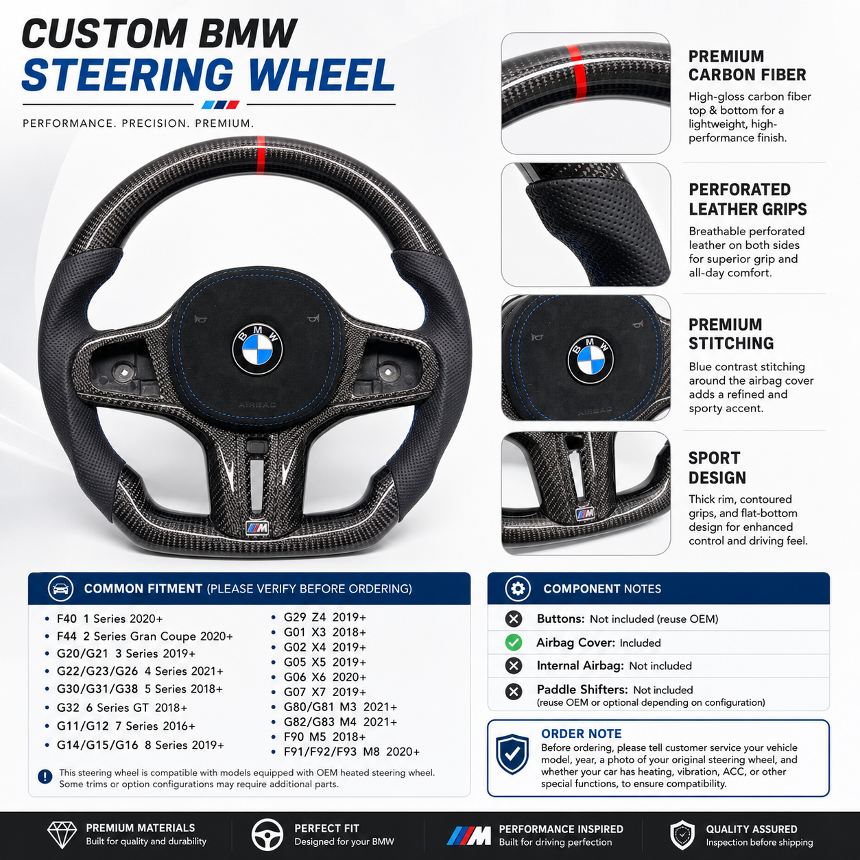 Custom BMW steering wheel in gloss carbon fiber with perforated leather side grips, blue contrast stitching, flat-bottom sport design, and red 12 o’clock center stripe compatible with BMW G02 G05 G06 G09 G11 G12 G15 G20 G22 G28 G29 G30 G38 G80 G82 F40 F90