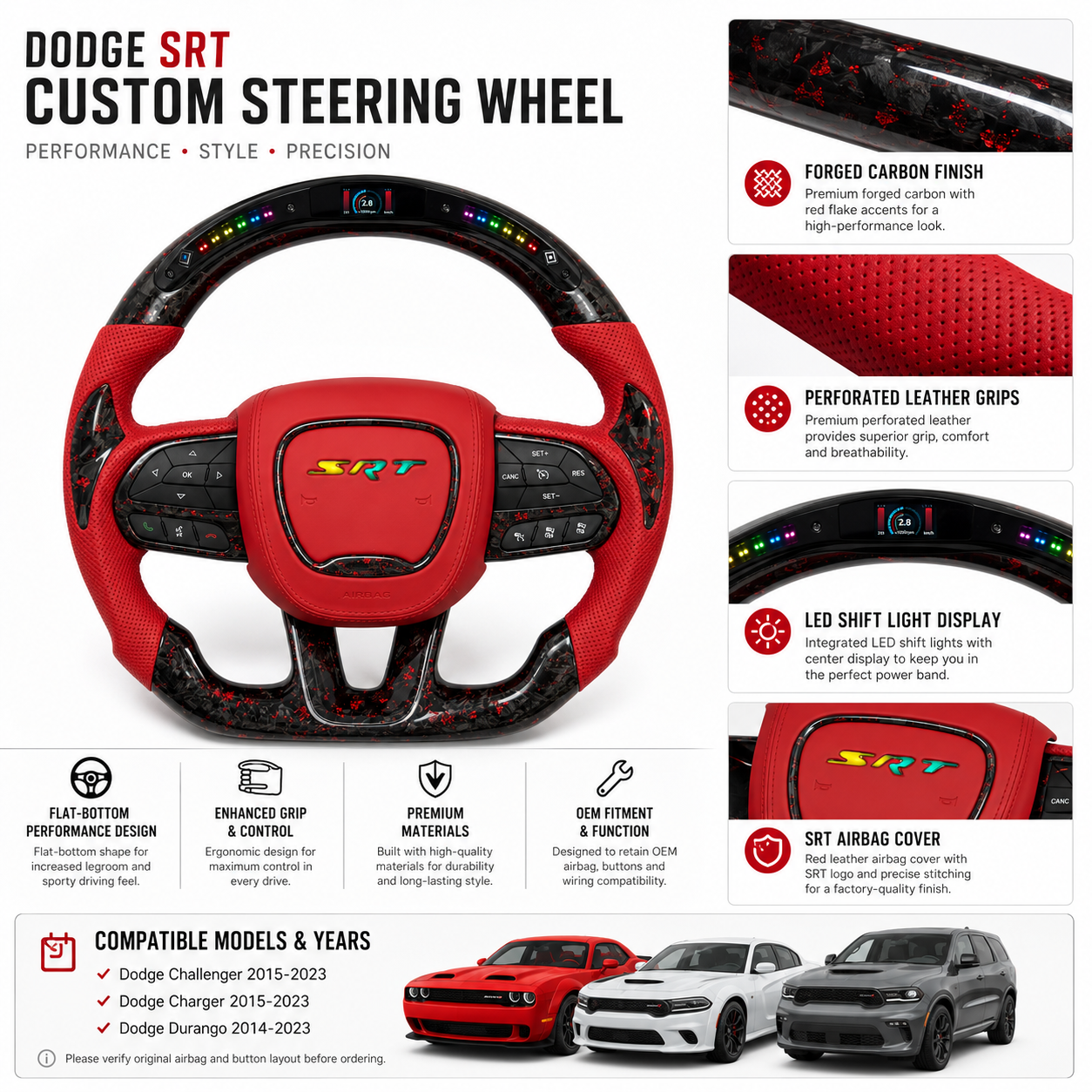 For Dodge Charger, Challenger, Hellcat Charger, Durango SRT, RT GT 2015-2023 Carbon Fiber Steering Wheel - CJ Mod Garage 9
