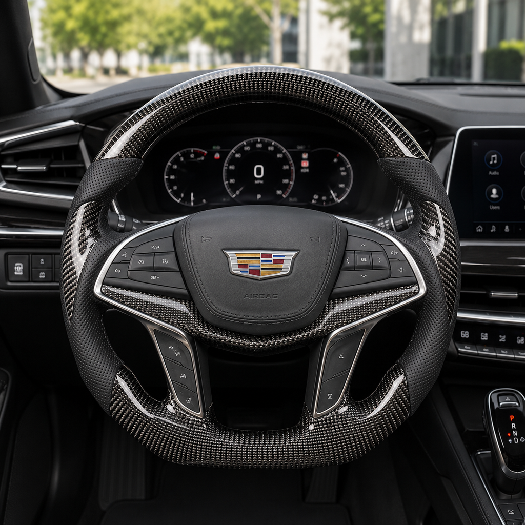 Cadillac XT5 CT6 carbon fiber steering wheel installed in luxury cockpit with leather grips by CJ Mod Garage