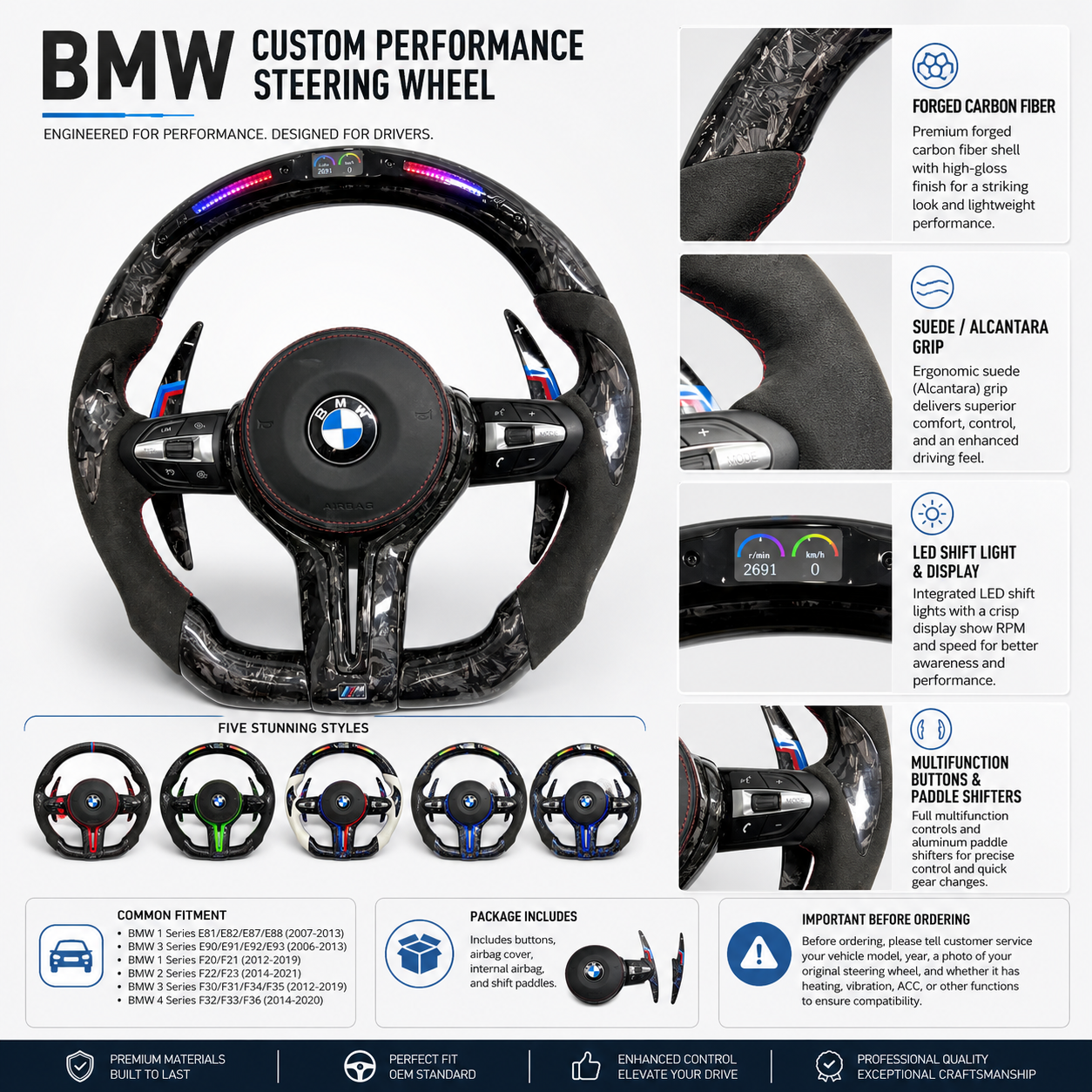 Custom BMW F30 F32 F80 forged carbon fiber LED performance steering wheel with Alcantara grip and paddle shifters