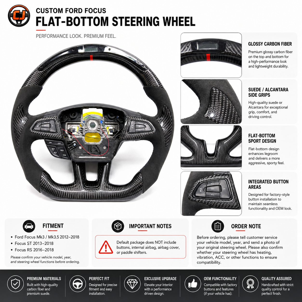 Ford Focus Mk3 ST RS carbon fiber flat-bottom steering wheel product detail poster by CJ Mod Garage
