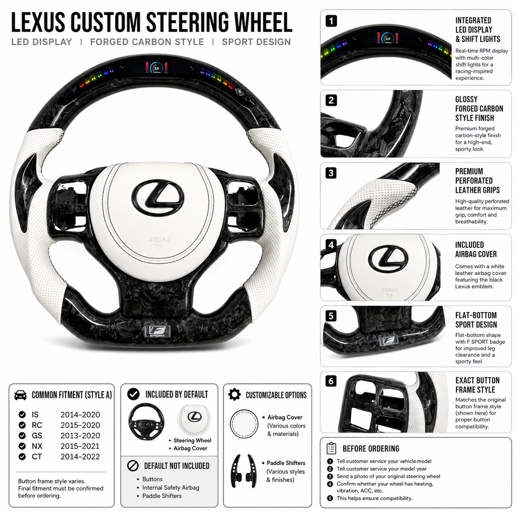 Lexus Custom Steering Wheel Featuring LED Display Forged Carbon Style White Leather Airbag Cover And Flat Bottom Design For Lexus IS 2014 2020 RC 2015 2020 GS 2013 2020 NX 2015 2021 CT 2014 2022 CJ Mod Garage