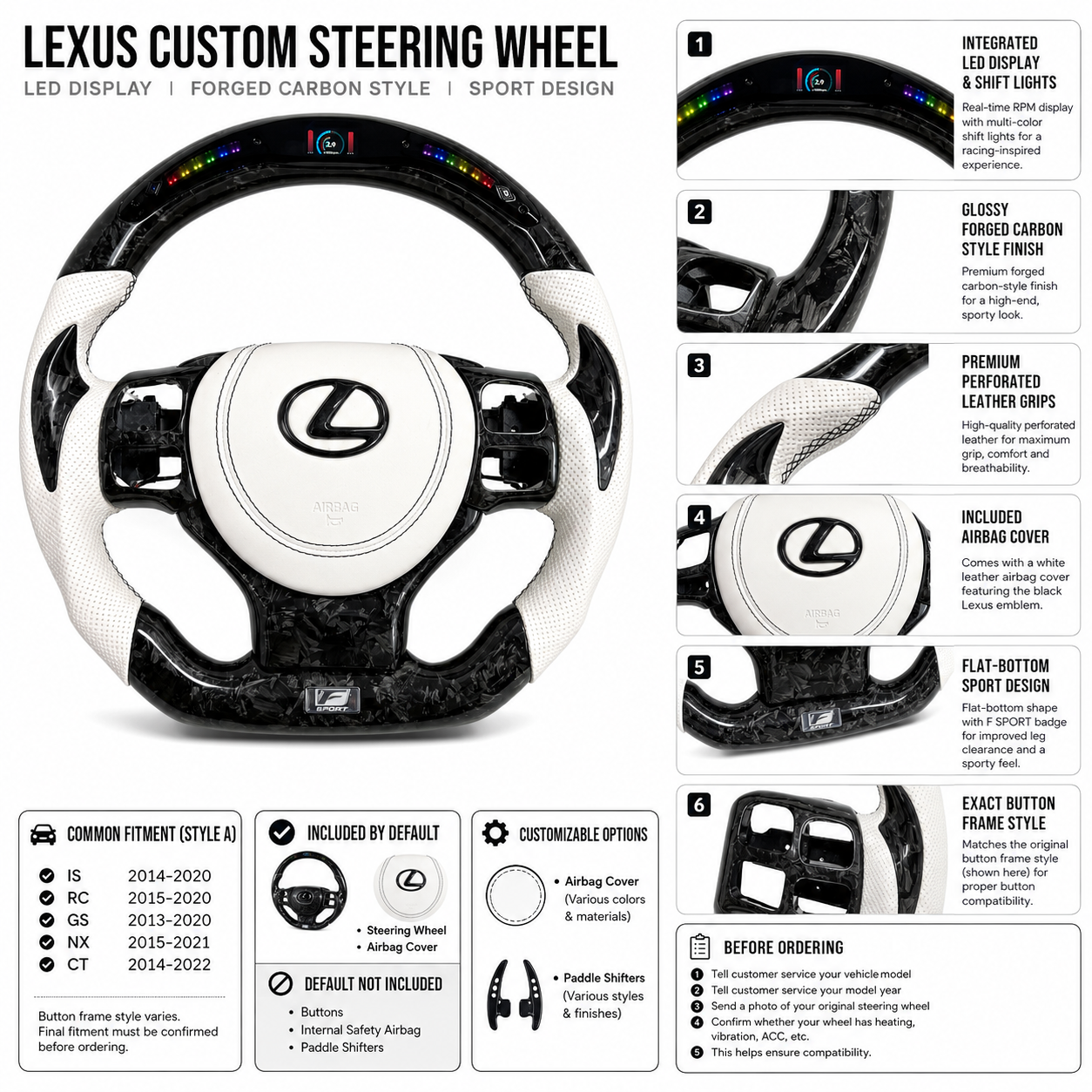 Lexus Custom Steering Wheel Featuring LED Display Forged Carbon Style White Leather Airbag Cover And Flat Bottom Design For Lexus IS 2014 2020 RC 2015 2020 GS 2013 2020 NX 2015 2021 CT 2014 2022 CJ Mod Garage