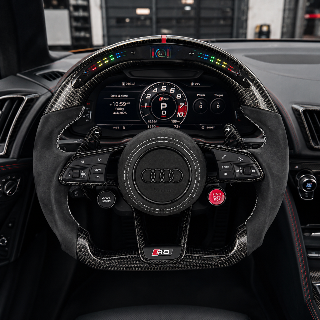 Installed Audi R8 LED carbon fiber steering wheel with digital shift lights red center marker black Alcantara grips and racing paddle shifters compatible with Audi R8 TT A3 S3 RS3 A4 S4 A5 S5 Q5 SQ5 A1 A6 A7 C6 C7 S7 Q3 Q7 RS RS5 RS6 B8 B9 8P 8V