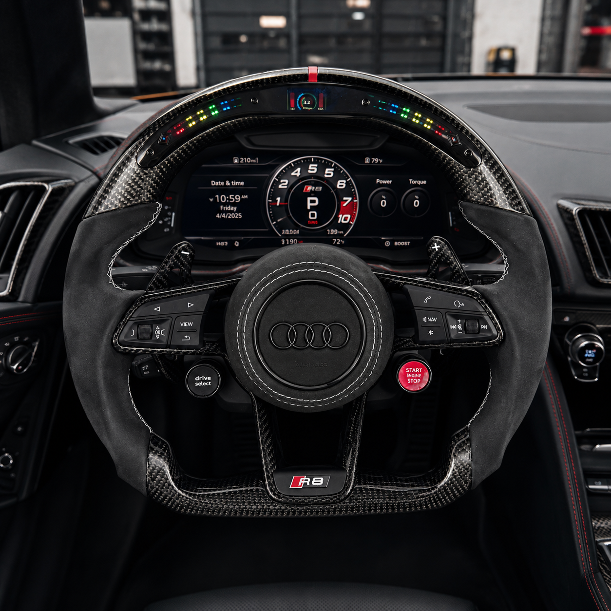 Installed Audi R8 LED carbon fiber steering wheel with digital shift lights red center marker black Alcantara grips and racing paddle shifters compatible with Audi R8 TT A3 S3 RS3 A4 S4 A5 S5 Q5 SQ5 A1 A6 A7 C6 C7 S7 Q3 Q7 RS RS5 RS6 B8 B9 8P 8V