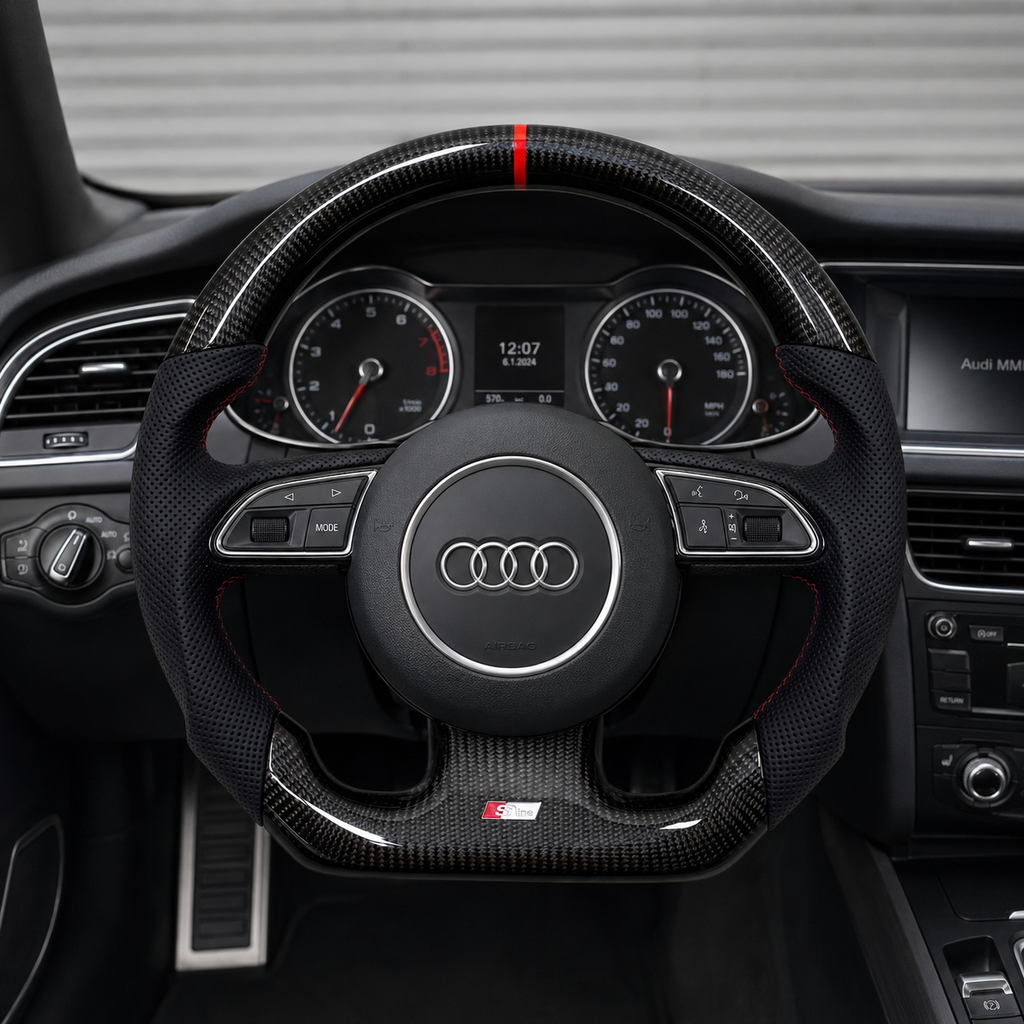 Audi B8 gloss carbon fiber steering wheel installed in Audi A4 interior - front-on view showing red stripe and S-line badge