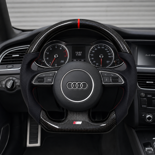 Audi B8 gloss carbon fiber steering wheel installed in Audi A4 interior - front-on view showing red stripe and S-line badge