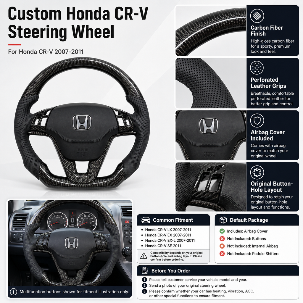 Honda CR-V RE3 RE4 carbon fiber steering wheel featuring perforated leather side grips and factory button layout design by CJ Mod Garage