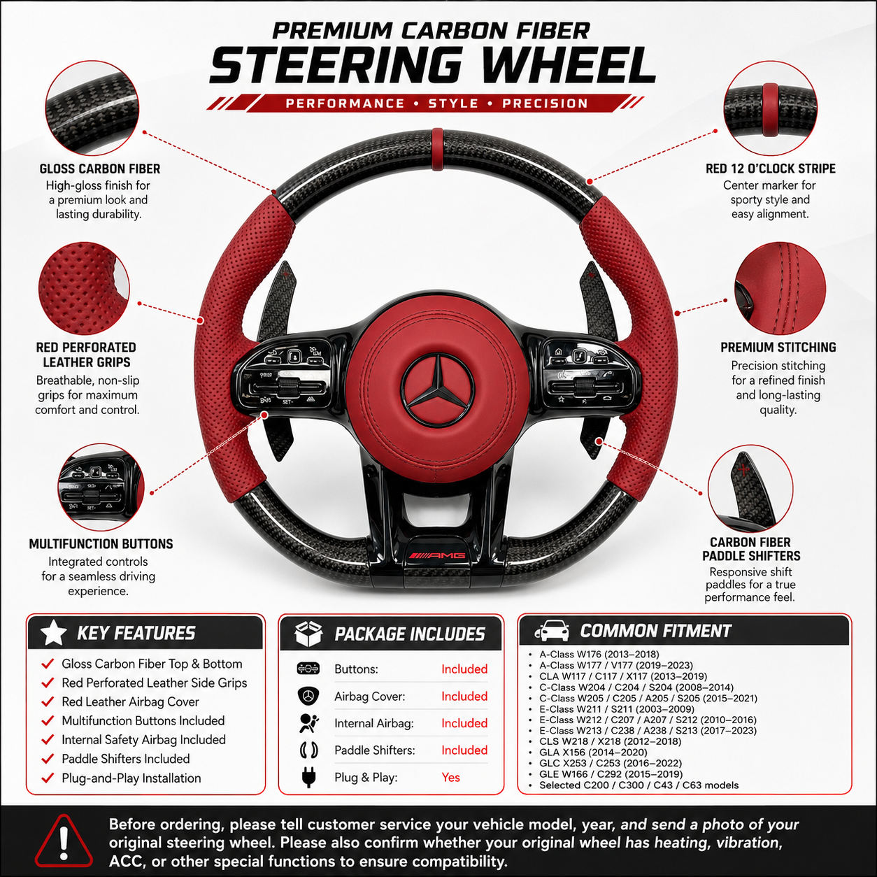 Custom Mercedes AMG steering wheel with red perforated leather glossy carbon fiber and paddle shifters for W176 W177 W205 W211 W212 W218 by CJ Mod Garage