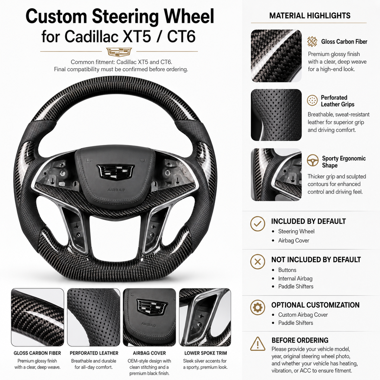 Cadillac XT5 CT6 custom carbon fiber steering wheel detail sheet with leather grip highlights by CJ Mod Garage