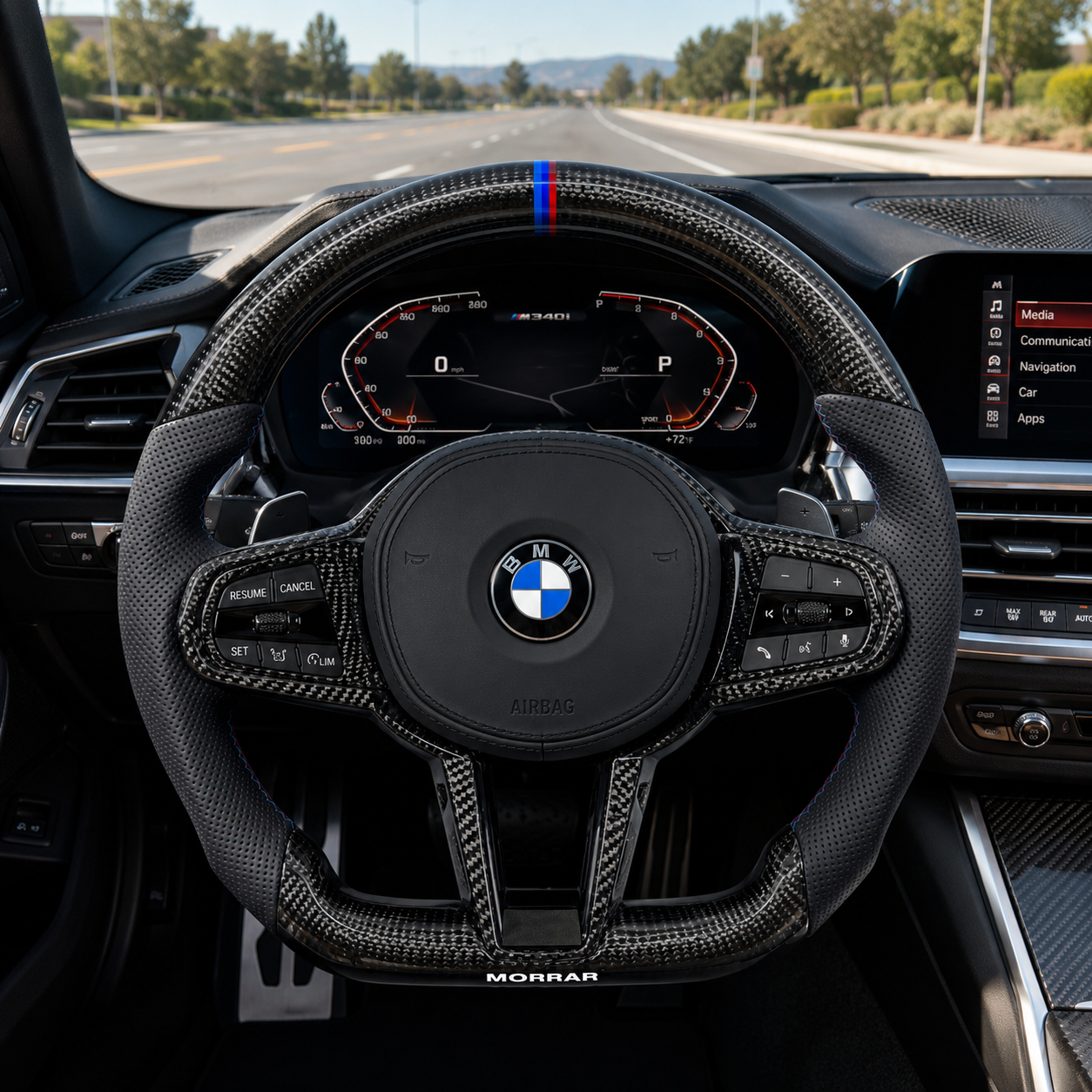 BMW M340i G20 2019-2025 carbon fiber steering wheel with tri color center stripe by CJ Mod Garage
