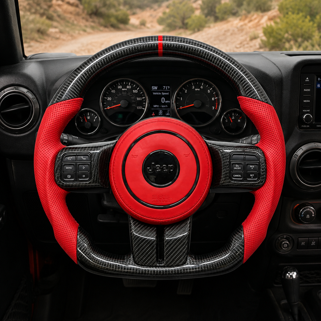 Custom Jeep Wrangler carbon fiber steering wheel installed in off-road interior with red perforated leather side grips, red airbag cover, glossy carbon fiber rim and flat bottom design