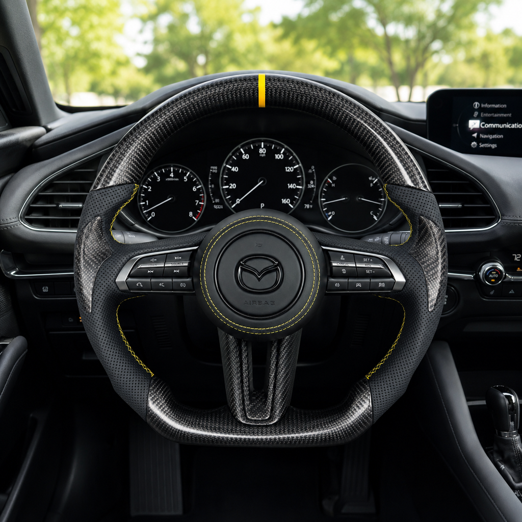 Custom Mazda 3 Axela custom steering wheel in vehicle interior with carbon fiber finish yellow center stripe yellow stitching and black perforated leather grips