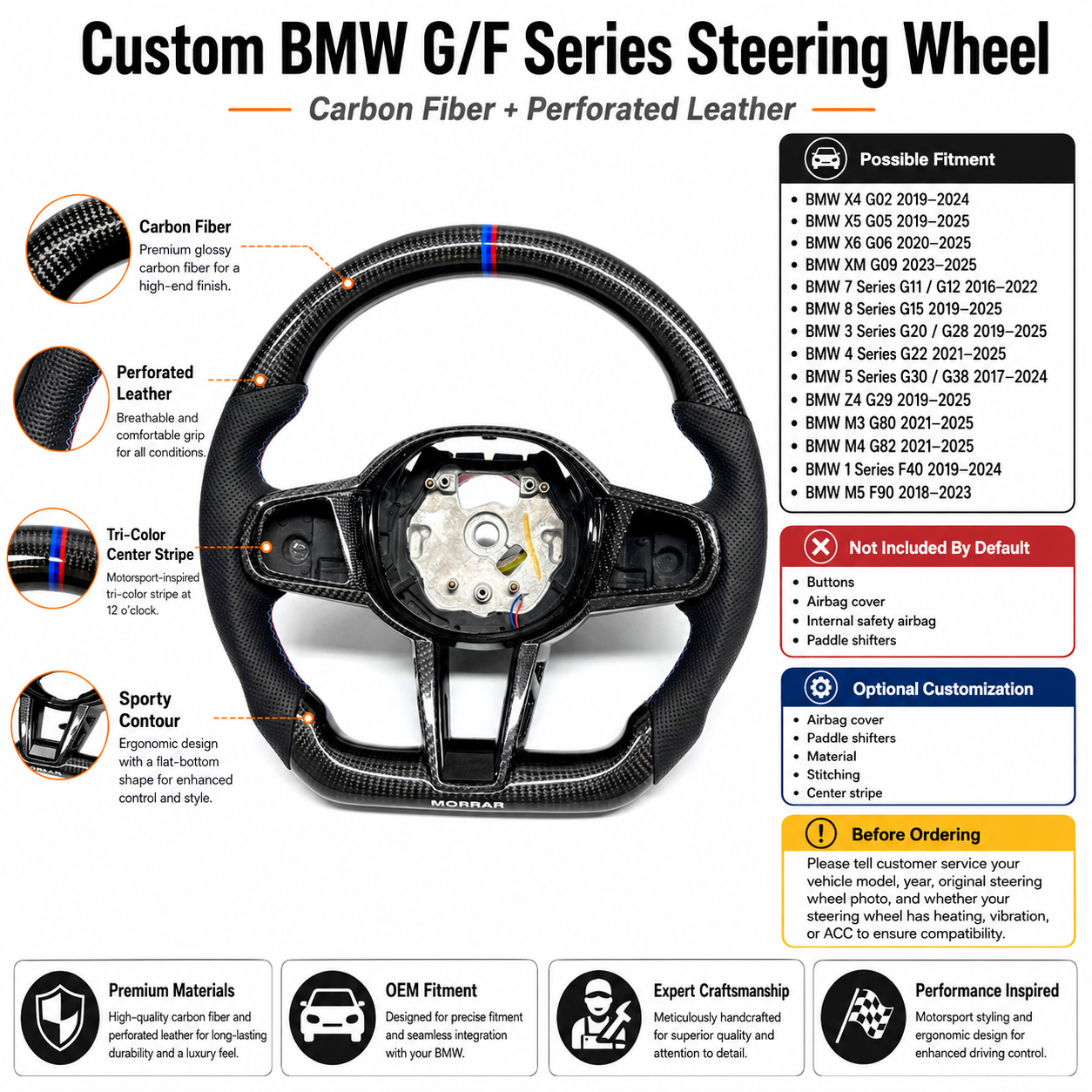 BMW G/F Series 2016-2025 carbon fiber steering wheel detail sheet with black leather grips by CJ Mod Garage