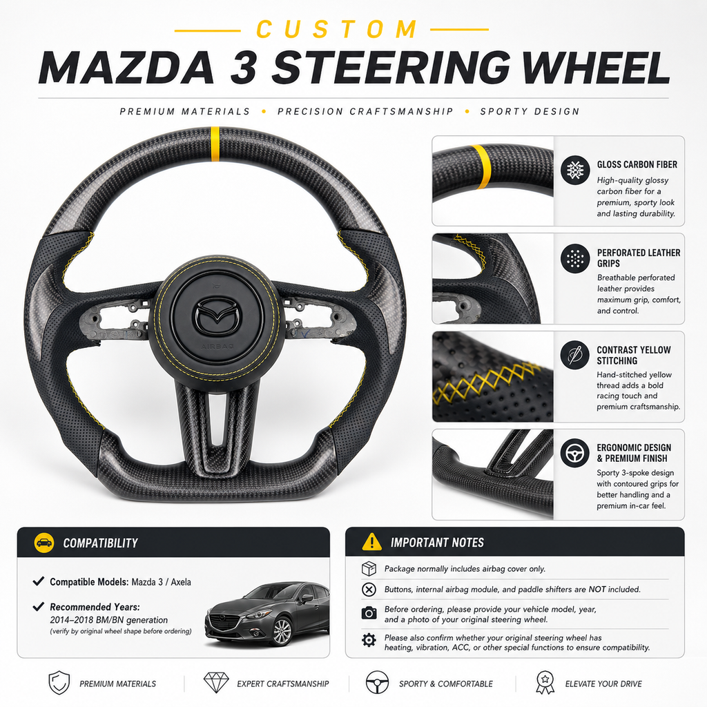 Custom Mazda 3 steering wheel detail poster showing gloss carbon fiber perforated leather yellow stitching airbag cover and compatible models