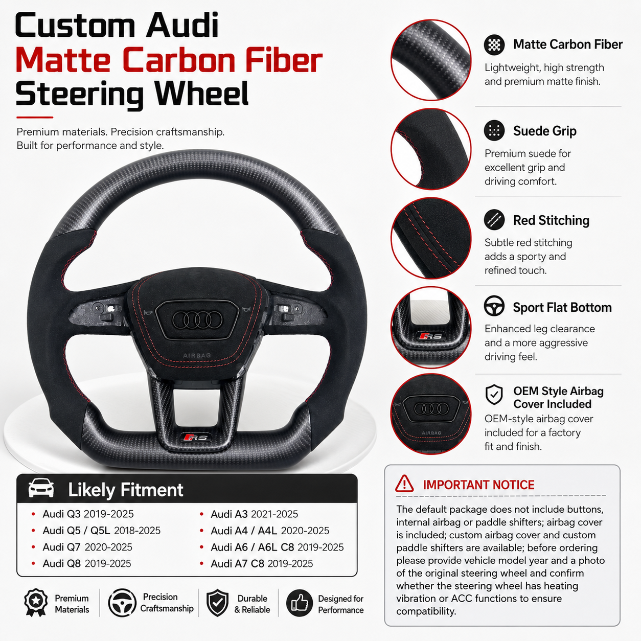 Audi custom steering wheel product detail showing matte carbon fiber suede grip red stitching flat bottom design and fitment for Q3 Q5 Q5L Q7 Q8 A3 A4 A6 and A7