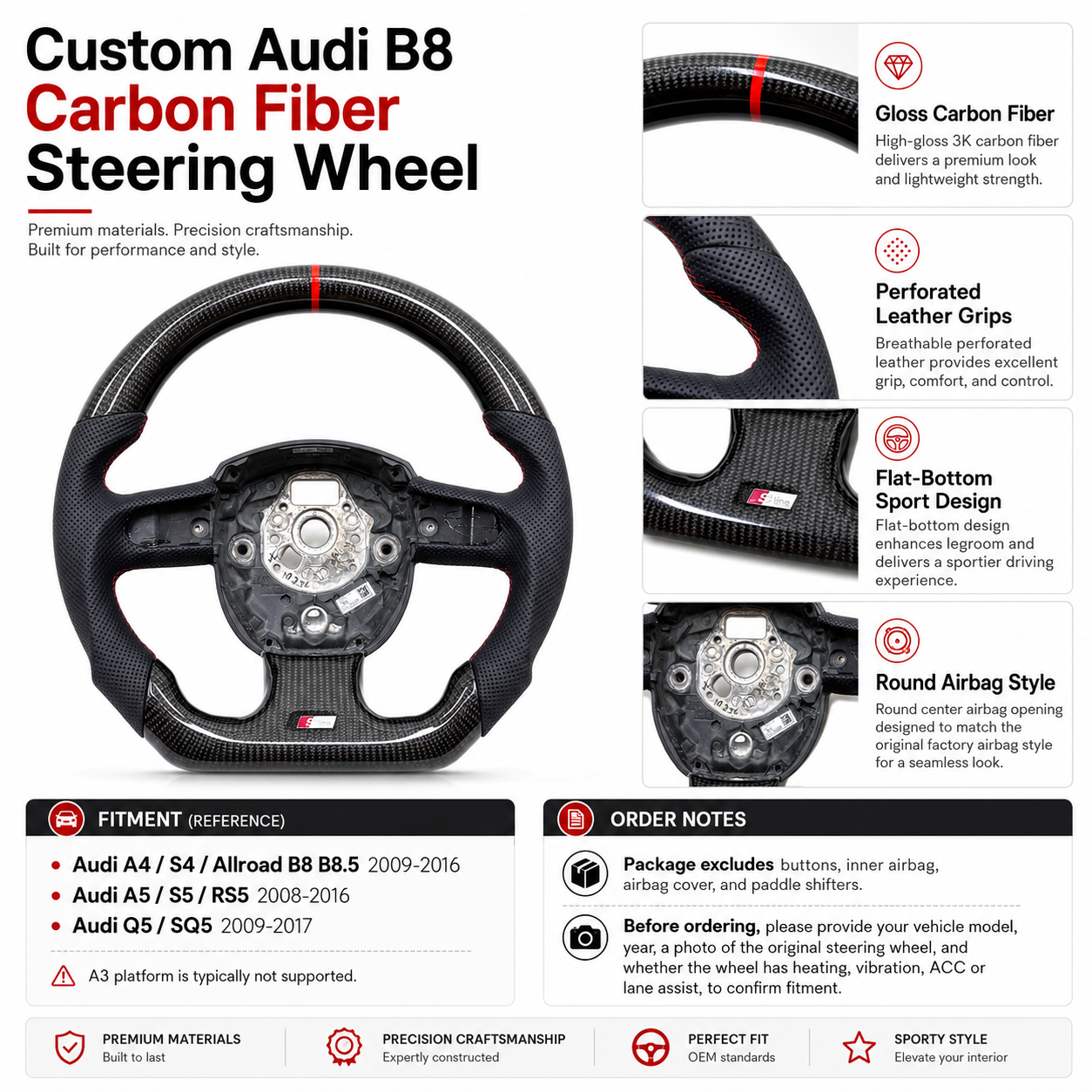 Audi B8 carbon fiber steering wheel product spec infographic - fitment guide for A4 S4 A5 S5 RS5 Q5 SQ5