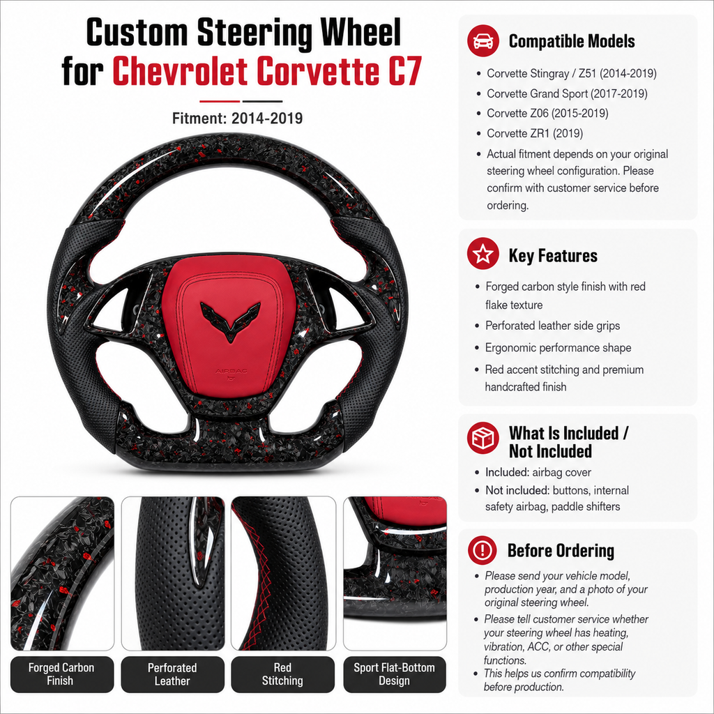 Chevrolet Corvette C7 custom steering wheel product detail image with red airbag cover forged carbon finish perforated leather grips red stitching and fitment information