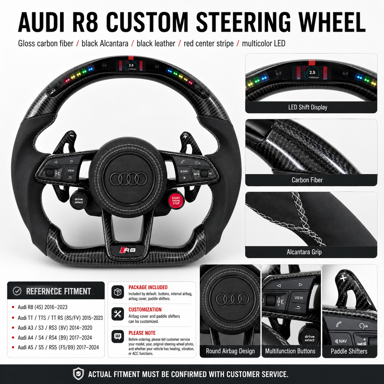 Audi R8 custom steering wheel product detail image featuring gloss carbon fiber LED shift indicator round airbag design multifunction buttons and paddle shifters compatible with Audi R8 TT TTS TTRS A1 A3 A4 A5 A6 A7 S3 S4 S5 S7 Q3 Q5 Q7 SQ5 RS RS3 RS5 RS6 B8 B9 8P 8V C6 C7