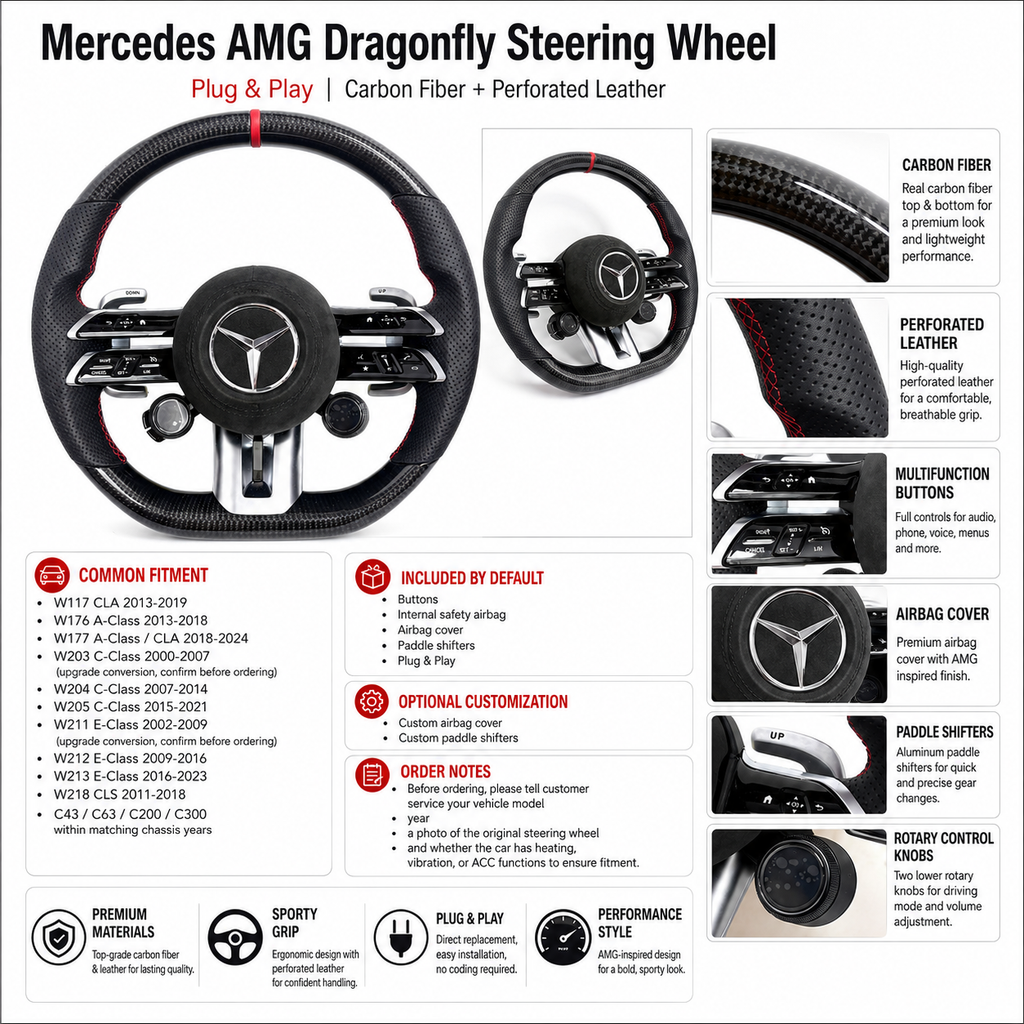 Mercedes W177 A-Class CLA 2018-2024 carbon fiber Dragonfly steering wheel product angle by CJ Mod Garage