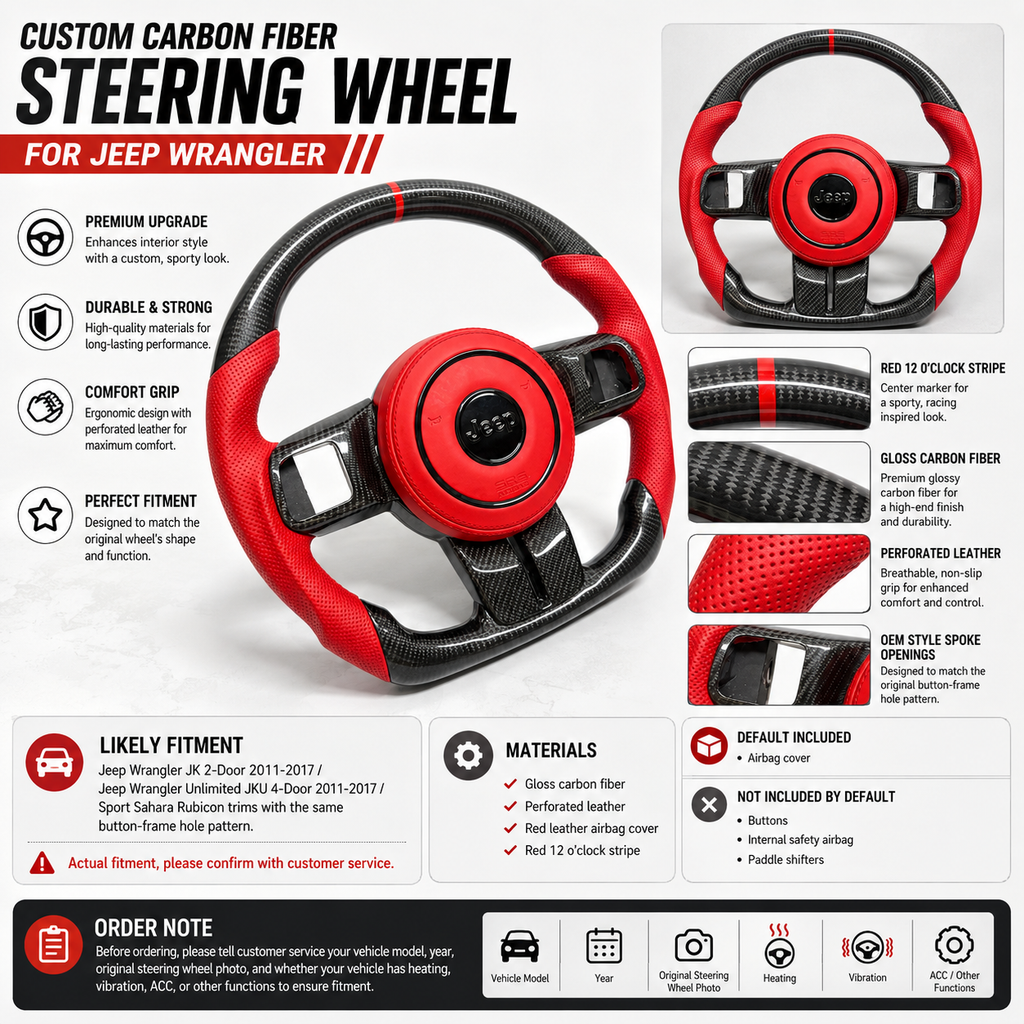 Product detail poster for custom carbon fiber steering wheel for Jeep Wrangler JK and JKU with red leather airbag cover, perforated leather grips, gloss carbon fiber and fitment information