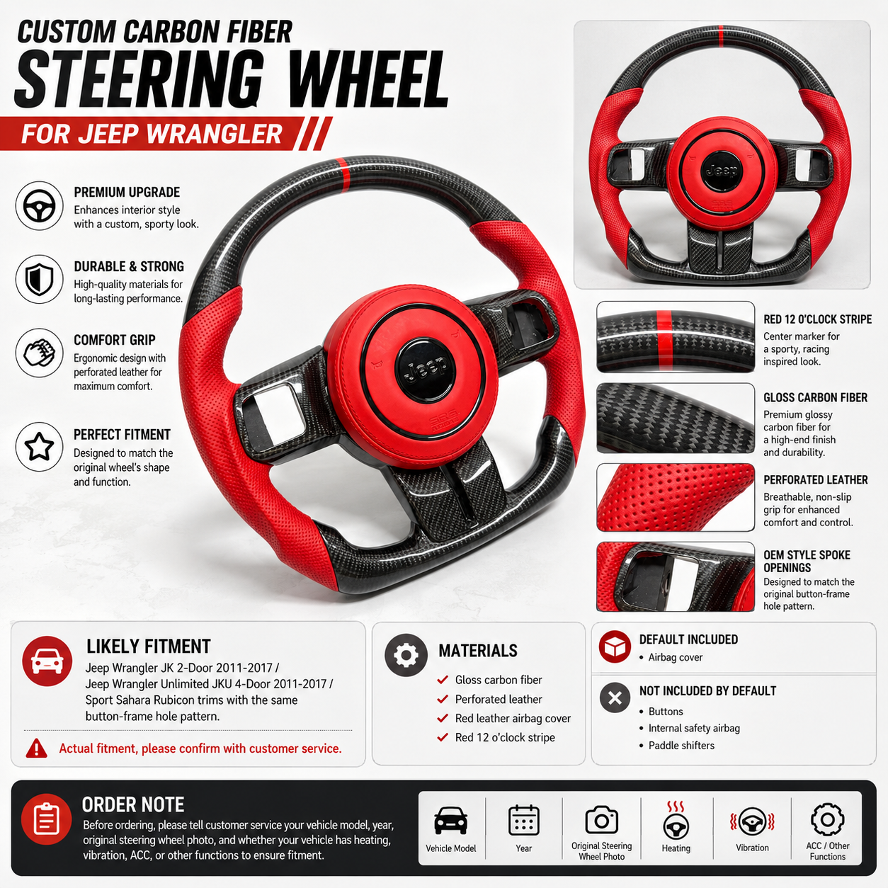 Product detail poster for custom carbon fiber steering wheel for Jeep Wrangler JK and JKU with red leather airbag cover, perforated leather grips, gloss carbon fiber and fitment information