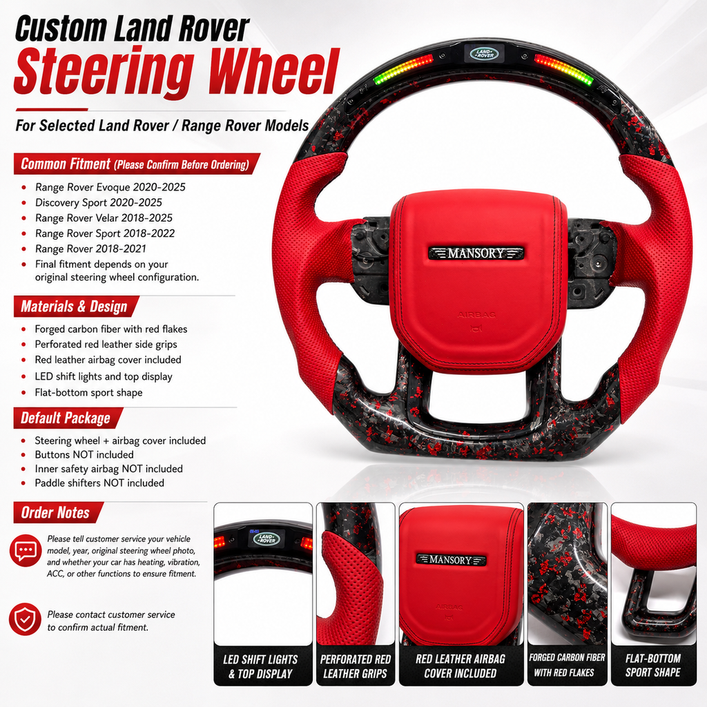 Product detail poster for custom Land Rover Range Rover steering wheel with red perforated leather, red airbag cover, LED shift lights, flat bottom design and forged carbon fiber with red flakes