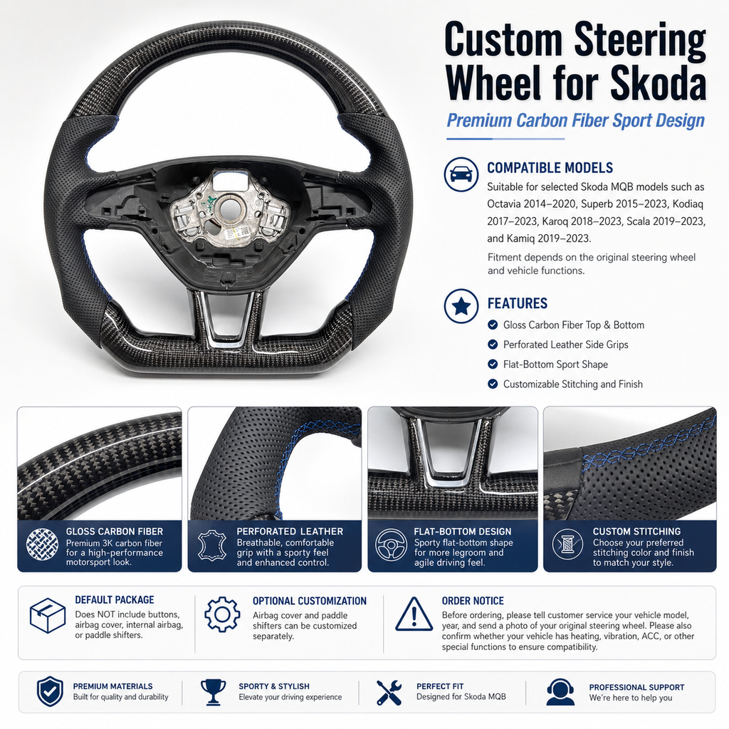 Premium Skoda steering wheel upgrade featuring gloss carbon fiber finish perforated leather sections and custom craftsmanship for Octavia 2014 2020 Karoq 2018 2024 Kamiq 2019 2024 by CJ Mod Garage