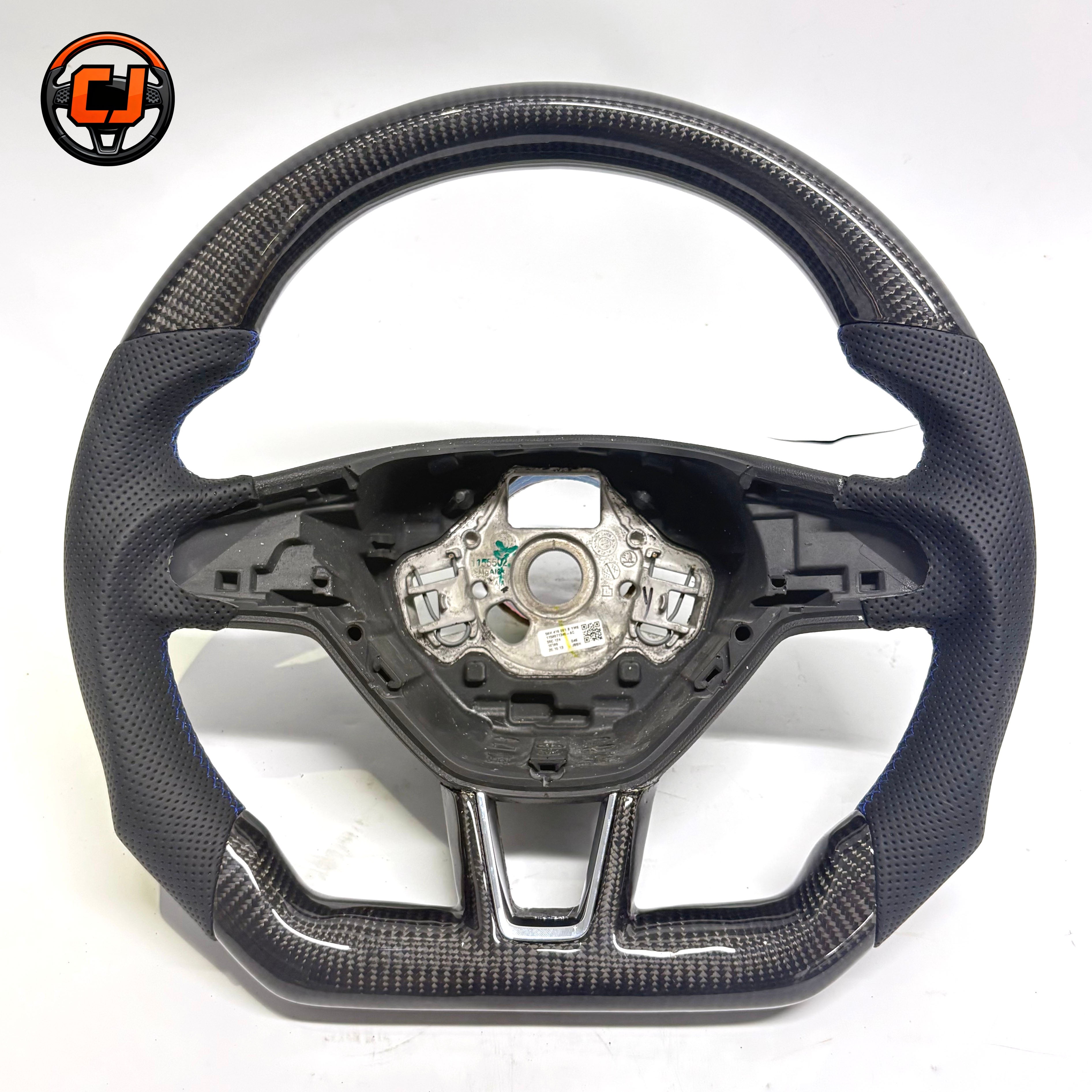 Hand built flat bottom Skoda steering wheel with carbon fiber top and bottom sections ergonomic grip profile for Superb 2015 2023 Scala 2019 2024 Kodiaq 2017 2024 by CJ Mod Garage