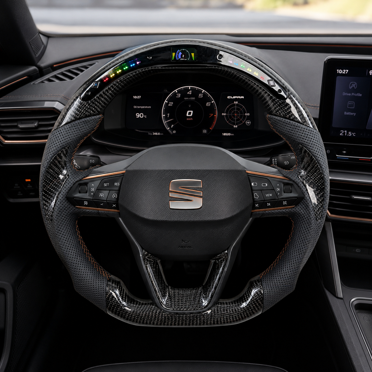 Custom Seat Leon MK4 carbon fiber steering wheel with perforated leather grips LED shift light display and forged style paddle shifters by CJ Mod Garage