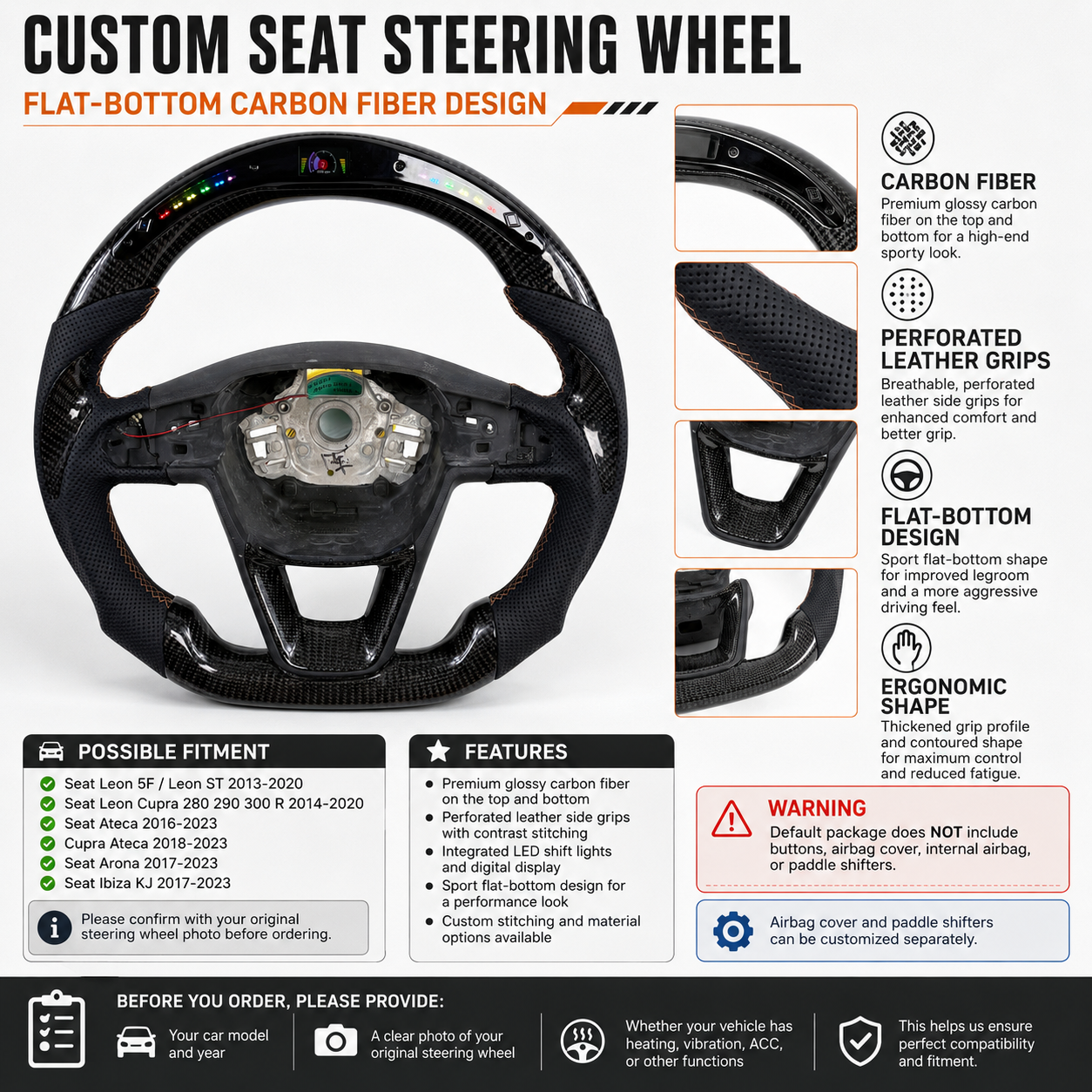 Seat Leon MK4 premium carbon fiber steering wheel featuring perforated leather sections multifunction controls LED display and sport flat bottom design by CJ Mod Garage