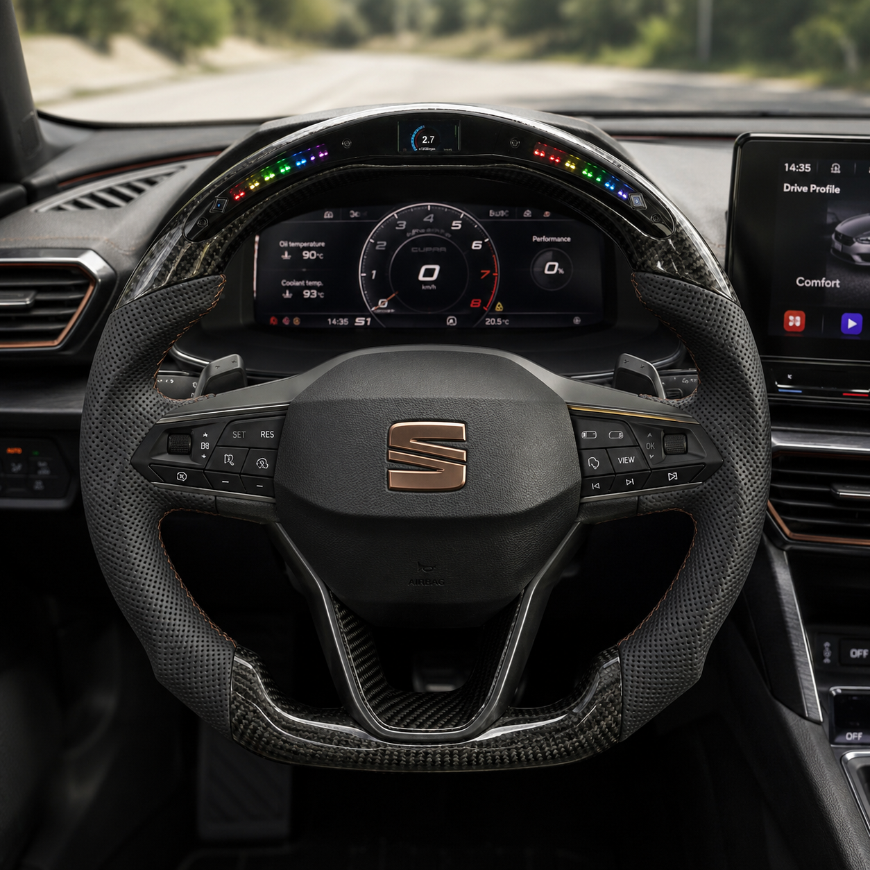 Seat Leon Cupra carbon fiber steering wheel with perforated leather grips LED shift light display and flat bottom performance design by CJ Mod Garage