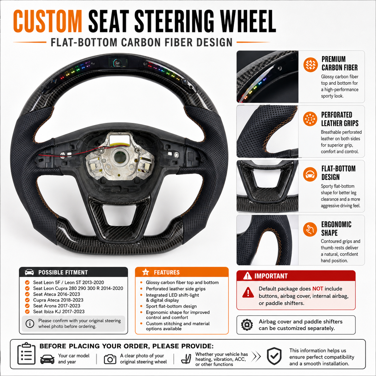 Custom Seat Leon carbon fiber steering wheel with premium perforated leather grip LED indicator system and handcrafted flat bottom structure by CJ Mod Garage