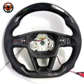 Seat Leon Cupra glossy carbon fiber steering wheel featuring perforated leather sections integrated LED display and ergonomic sport profile by CJ Mod Garage