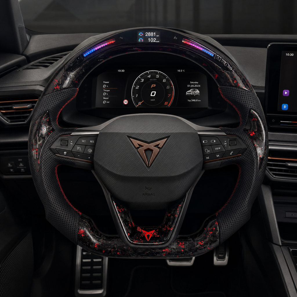 Cupra Leon forged carbon fiber steering wheel with red flake finish perforated leather grips LED shift display and flat bottom performance styling by CJ Mod Garage