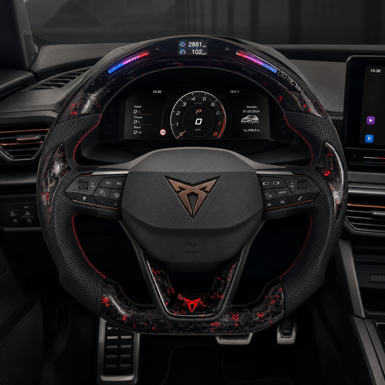Cupra Leon forged carbon fiber steering wheel with red flake finish perforated leather grips LED shift display and flat bottom performance styling by CJ Mod Garage