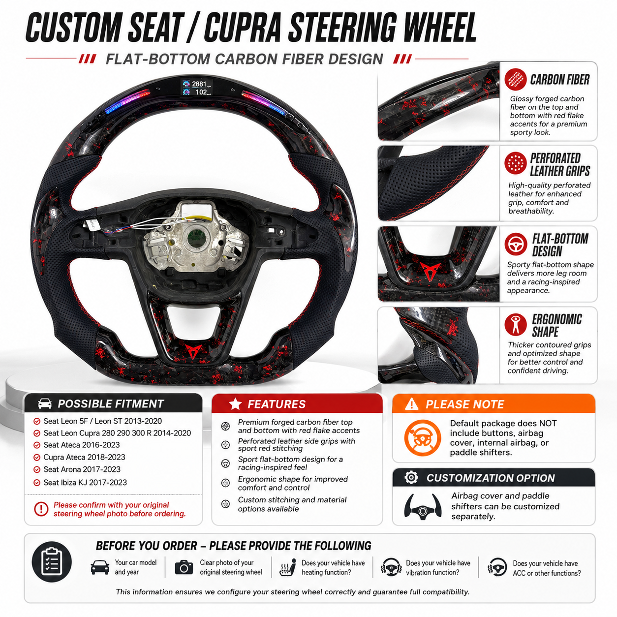 Seat Leon Cupra custom forged carbon fiber steering wheel featuring red flake carbon accents perforated leather sections and motorsport inspired design by CJ Mod Garage