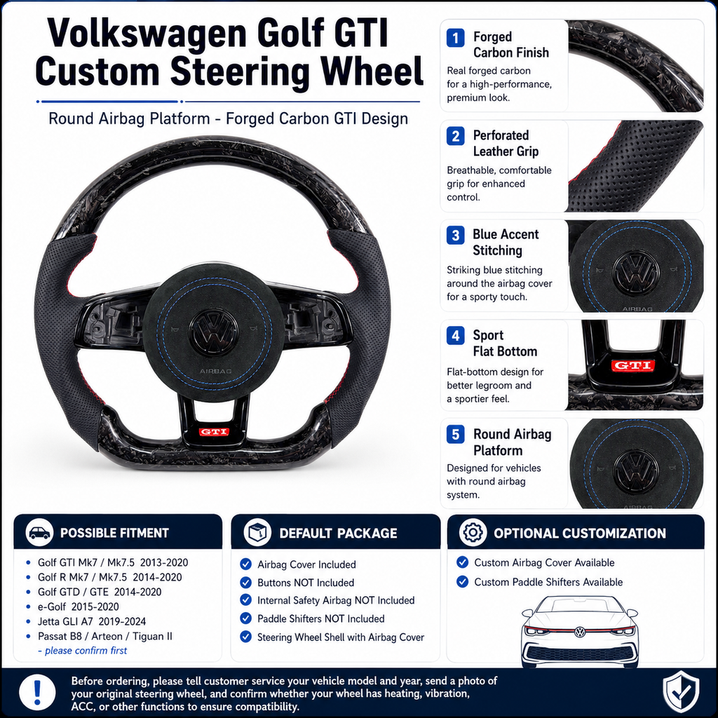 Golf GTI steering wheel feature chart with forged carbon finish and fitment for MK7 GTI Golf 6 7 7 5 R R Line CC Polo Passat B8 CJ Mod Garage