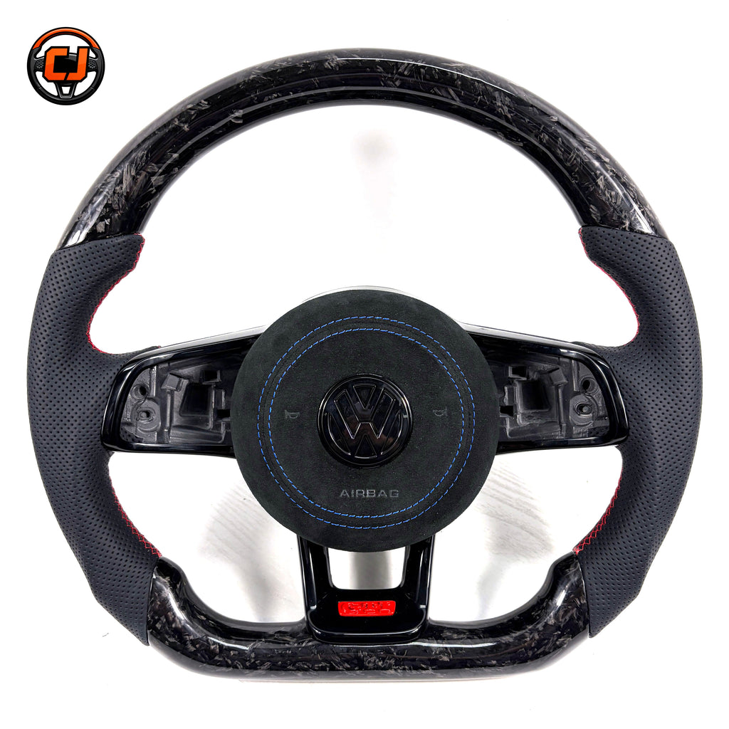 White background forged carbon GTI steering wheel with blue stitched airbag cover for MK7 GTI Golf 6 7 7 5 R R Line CC Polo Passat B8 CJ Mod Garage