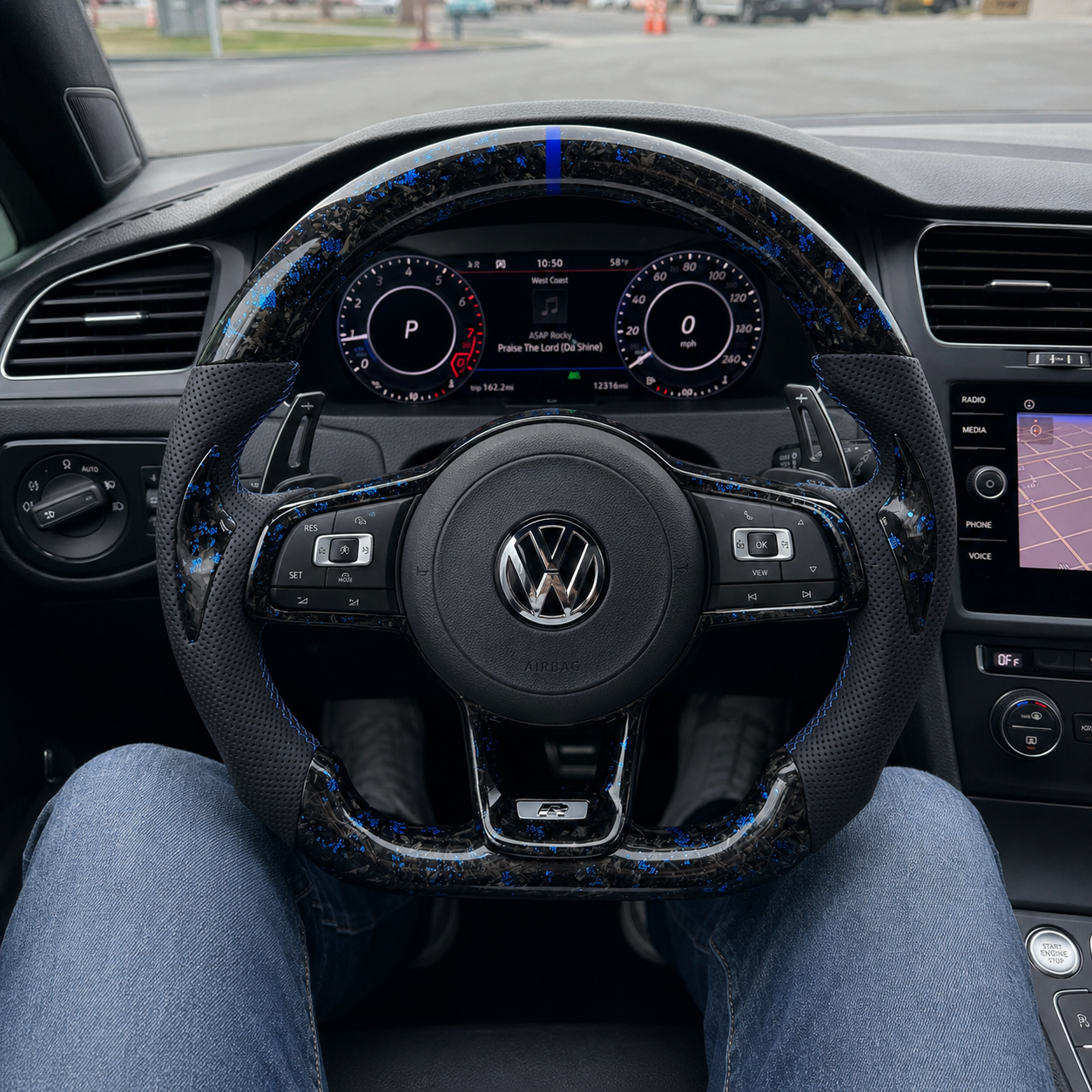 In car view of blue forged carbon Volkswagen steering wheel with buttons and airbag for MK7 GTI Golf 6 7 7 5 R R Line CC Polo Passat B8 CJ Mod Garage