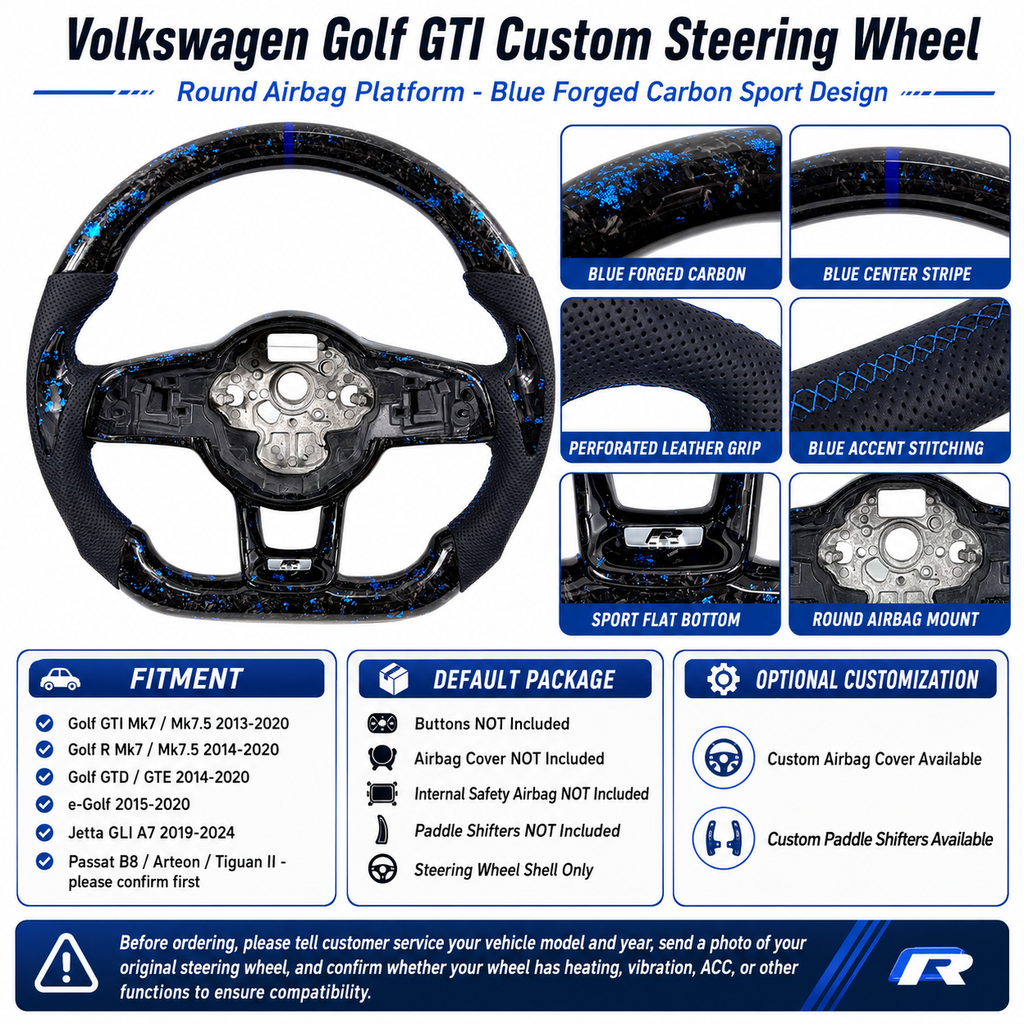 Product guide showing blue forged carbon flat bottom steering wheel shell only for MK7 GTI Golf 6 7 7 5 R R Line CC Polo Passat B8 CJ Mod Garage