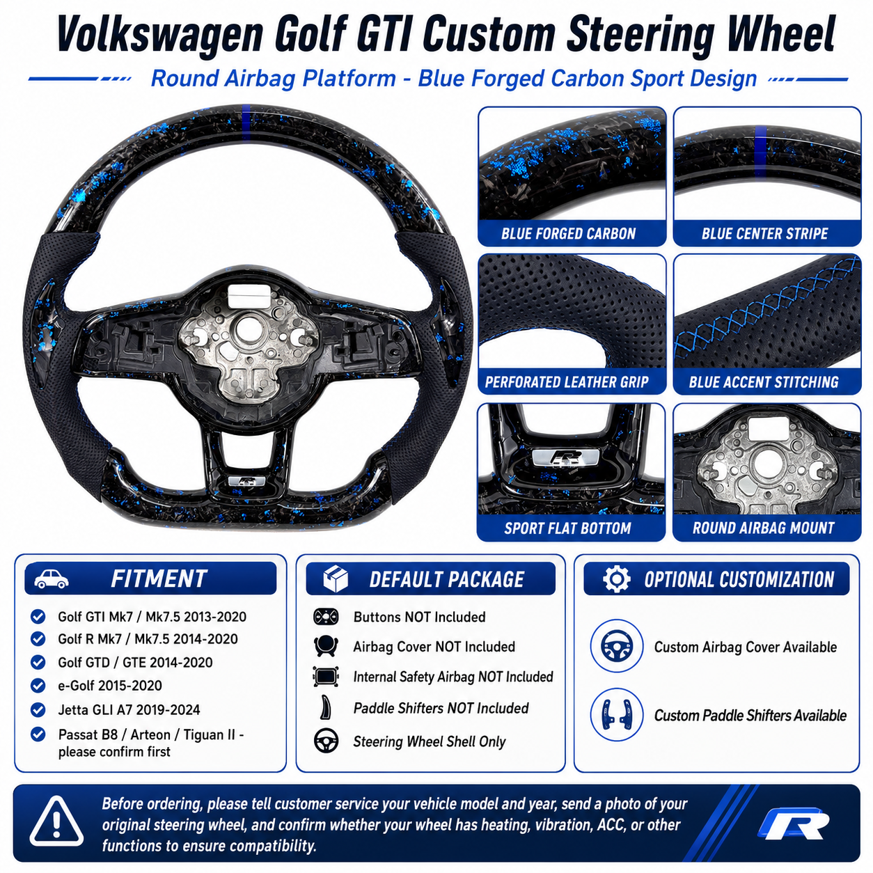 Product guide showing blue forged carbon flat bottom steering wheel shell only for MK7 GTI Golf 6 7 7 5 R R Line CC Polo Passat B8 CJ Mod Garage